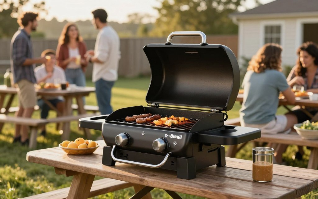 Char-Broil Grill2Go in use at outdoor gathering with multiple people