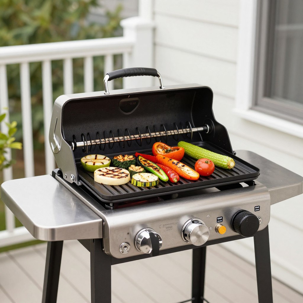 Char-Broil Patio Bistro electric grill on small patio with grilled vegetables