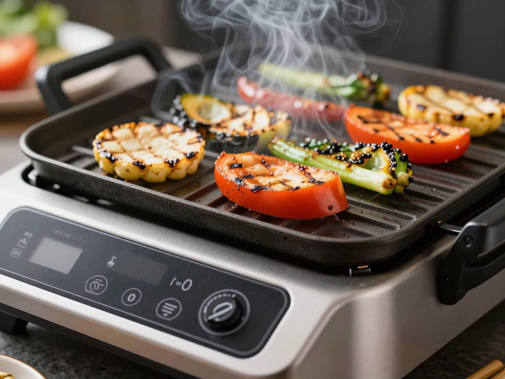 Close-up of electric grill controls and cooking surface with grilled vegetables