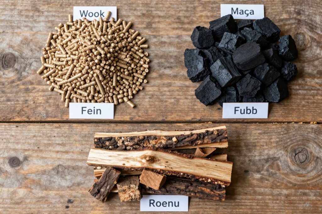 Different types of smoking fuel - pellets, lump charcoal, wood chunks