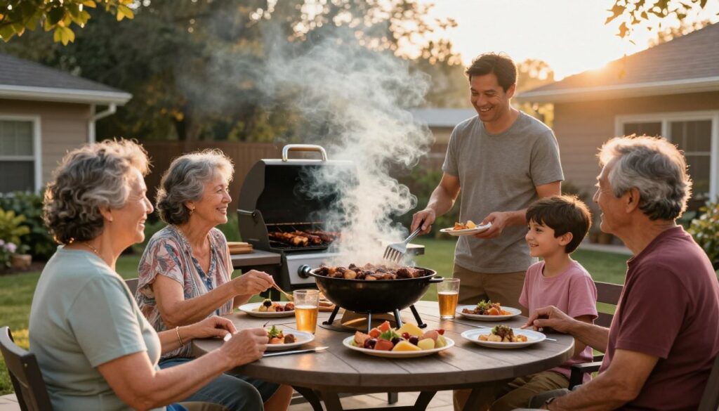 Family gathered around smoker enjoying BBQ together in backyard