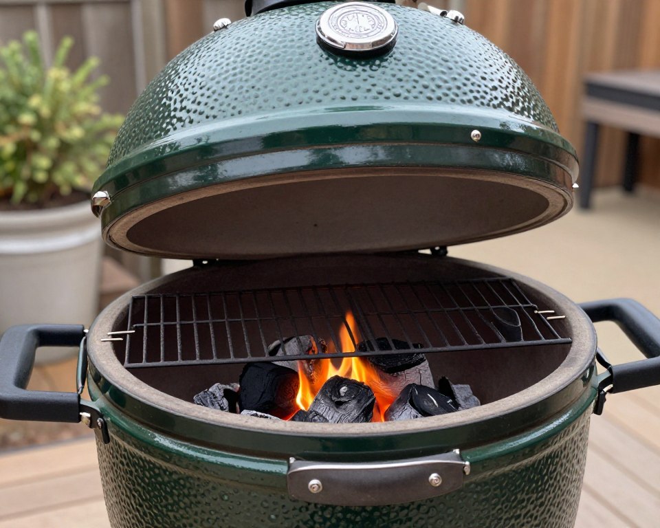 Green ceramic kamado grill with lid open showing charcoal setup