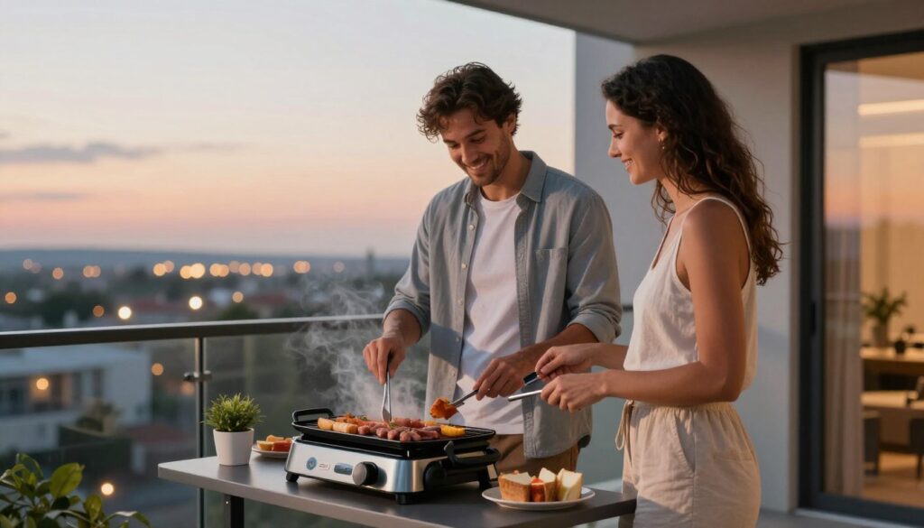 Happy couple grilling together on apartment balcony at sunset