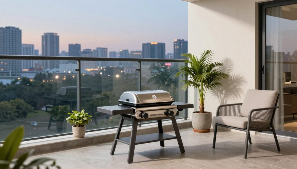 Modern apartment balcony with compact electric grill setup and city view
