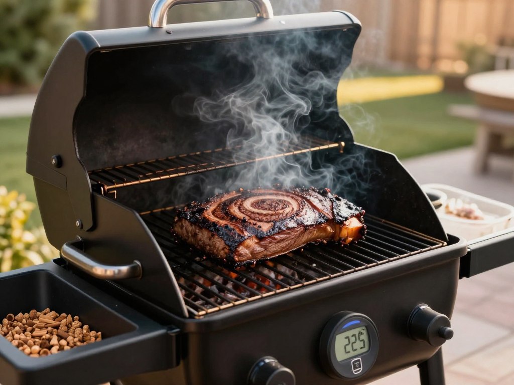 Modern pellet grill in action with smoke rising from cooking brisket