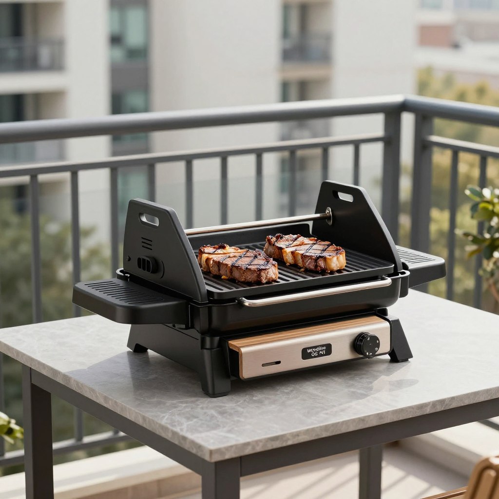 Ninja Woodfire OG701 electric grill on apartment balcony table with grilled steaks