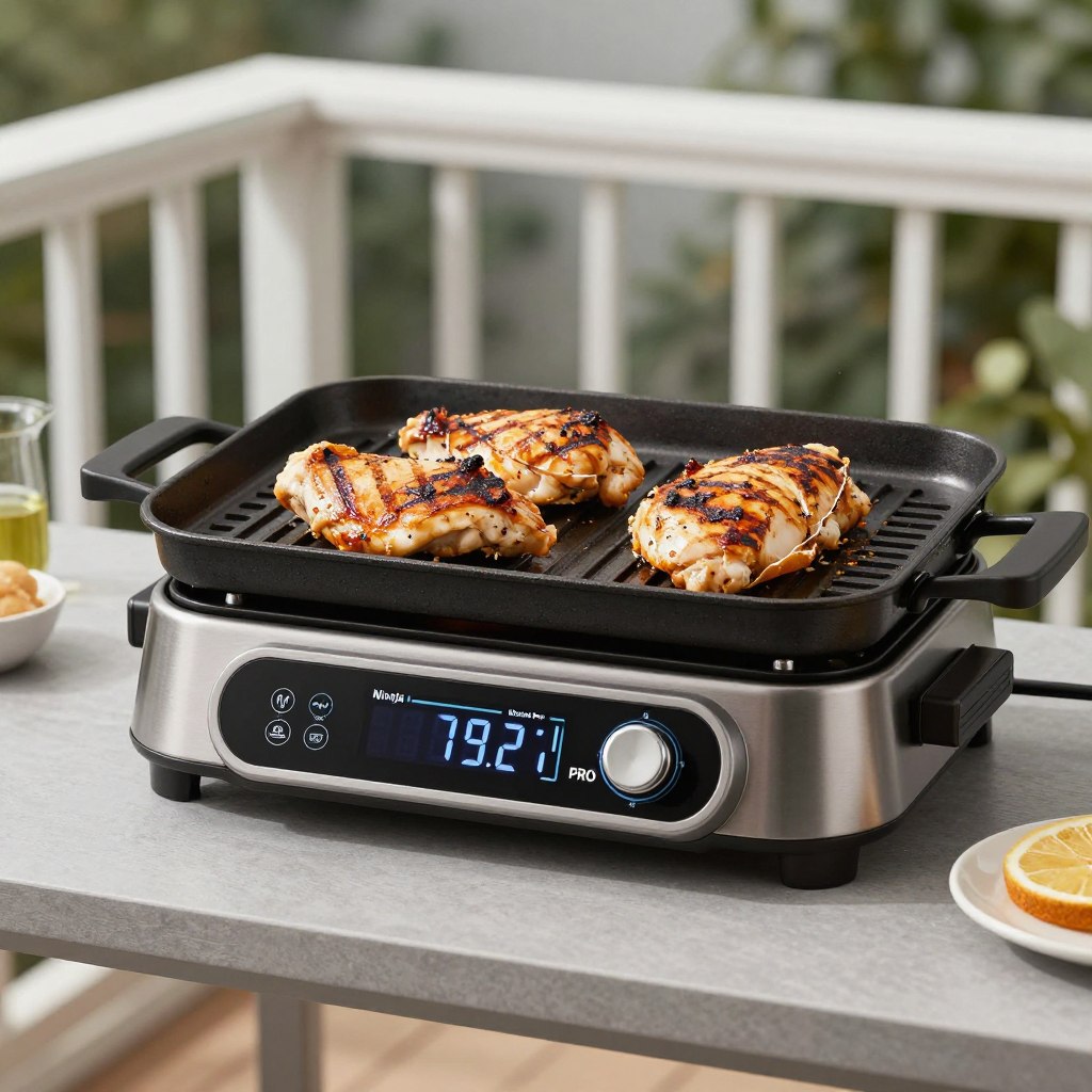 Ninja Woodfire OG751 Pro with digital thermometer display and grilled chicken breasts