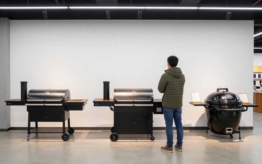 Person contemplating three different smoker types in outdoor showroom