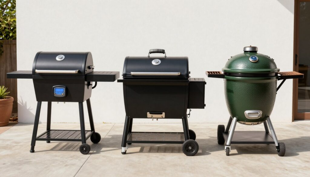 Three types of smokers side by side comparison showing pellet grill vs offset smoker vs kamado