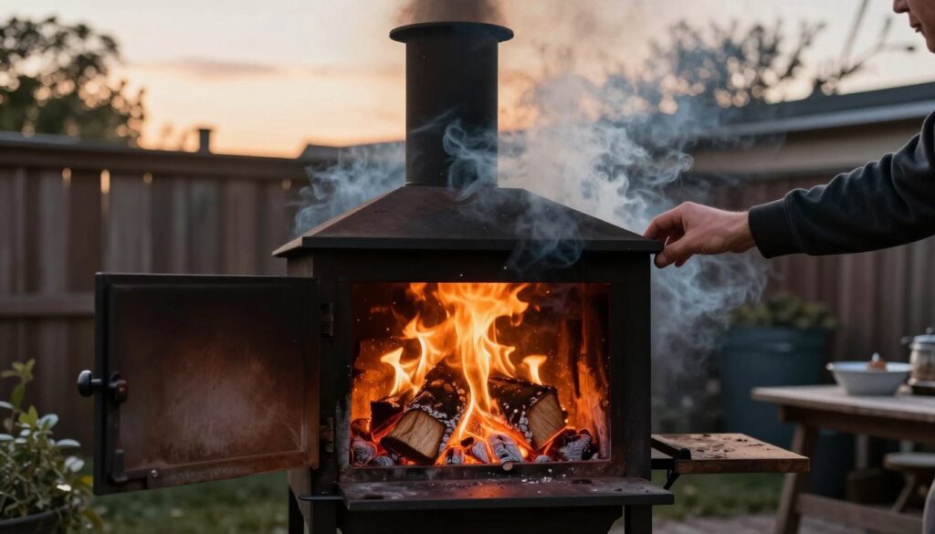 Traditional offset smoker with visible smoke and firebox in use