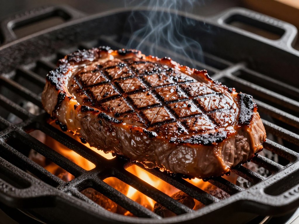 Weber Q1200 cooking grates close-up with grill marks on steak