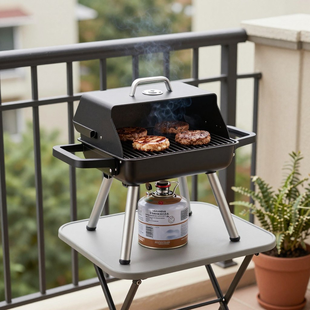 Weber Q1200 propane grill with one-pound canister on balcony with grilled burgers