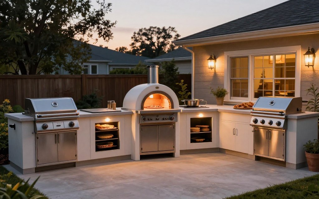 complete outdoor kitchen with pizza oven and other cooking equipment