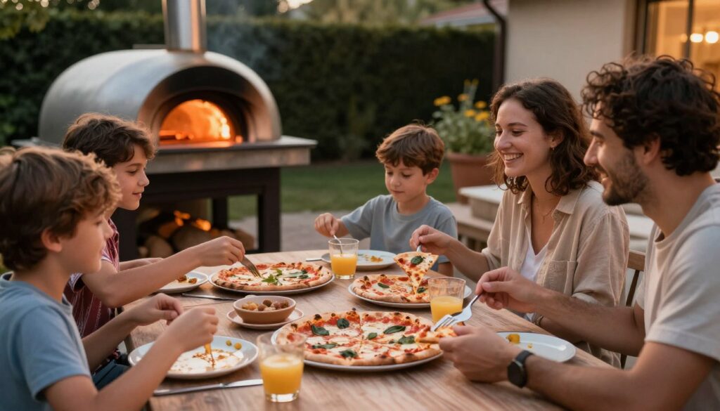 family enjoying homemade pizza from outdoor pizza oven