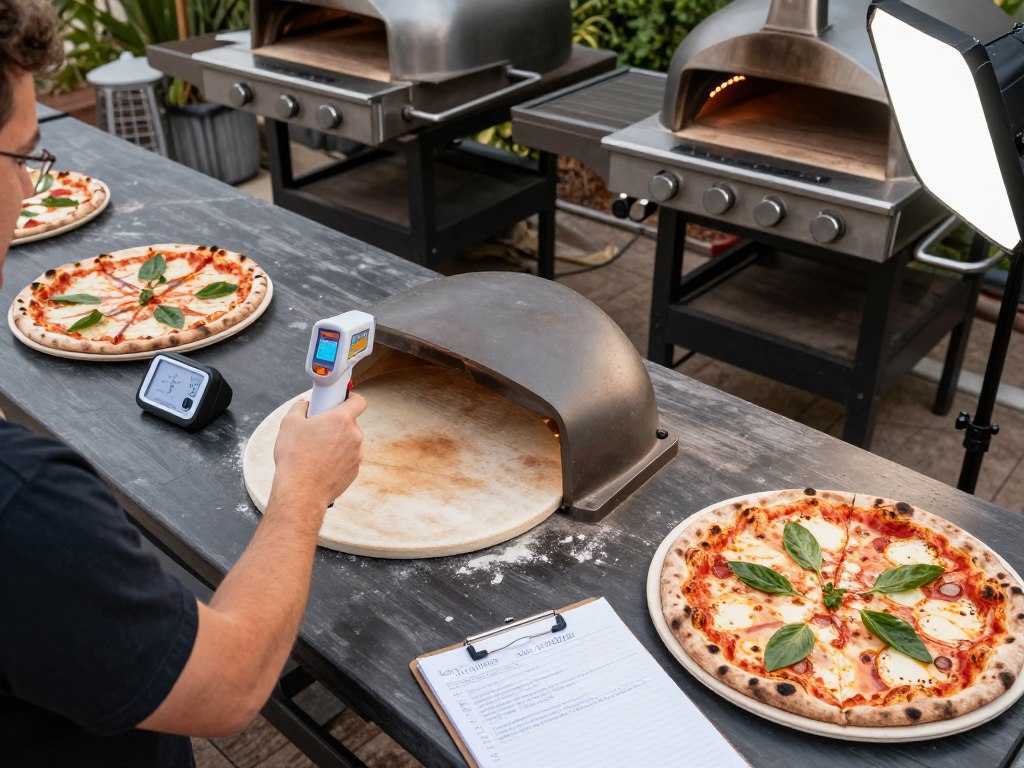 pizza oven testing setup with temperature measurement tools