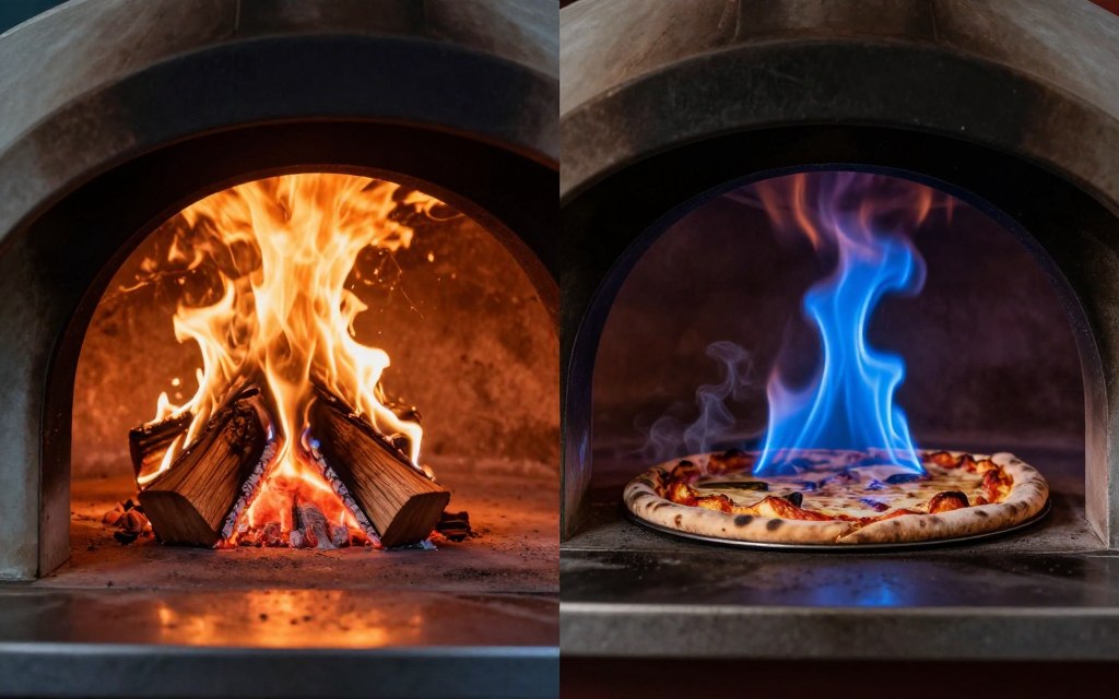 split screen showing wood fire and propane flame in pizza ovens