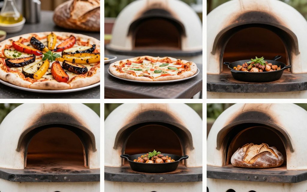 various foods cooking in outdoor pizza oven besides pizza